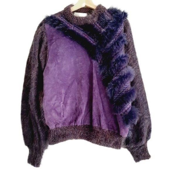 Vintage Sweaters - VINTAGE Purple Mohair Wool Suede & Fox Fur Sweater Sz M